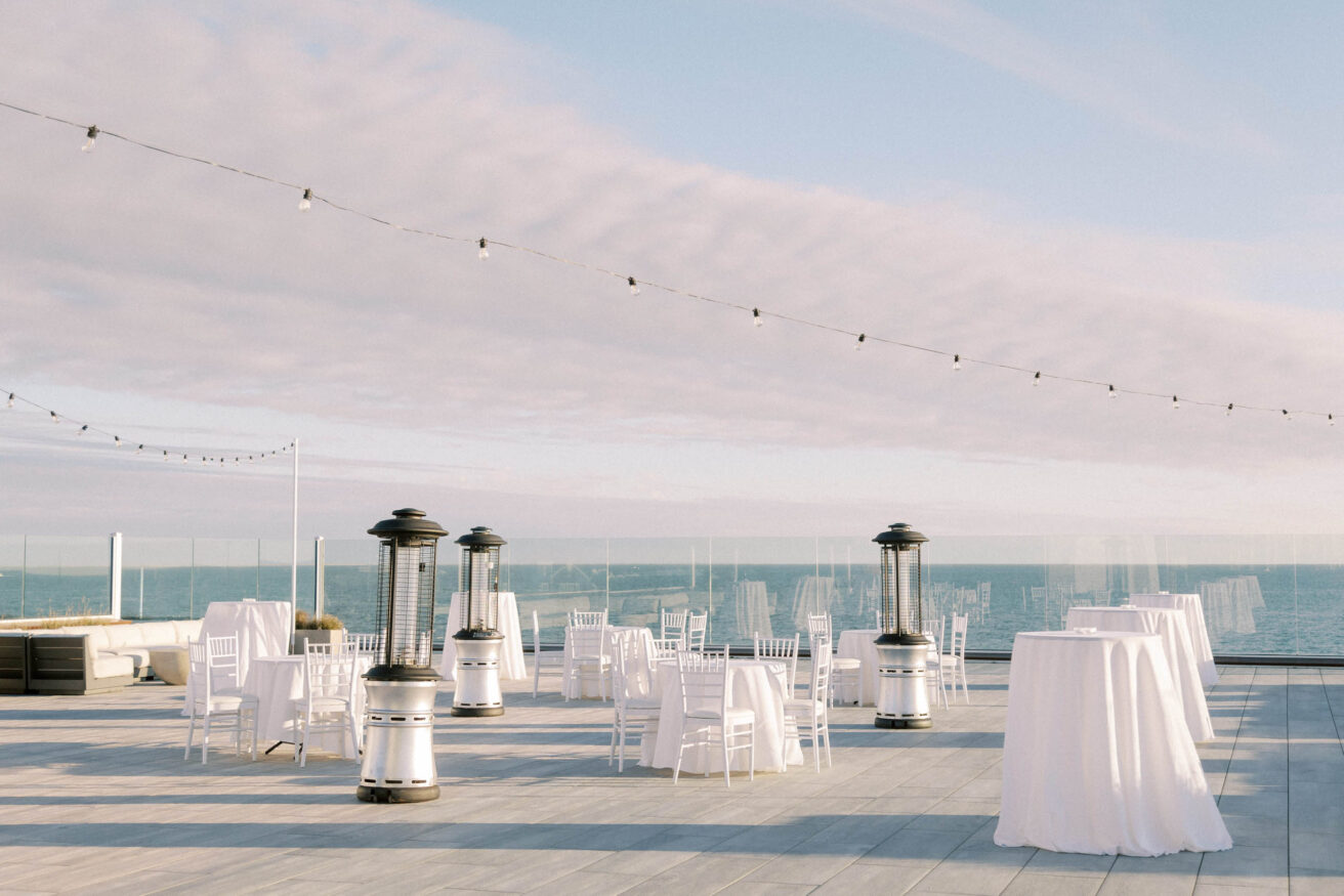 Rooftop deck set up for an event.