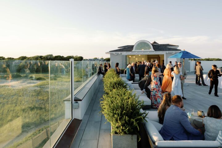 An event on a rooftop deck.